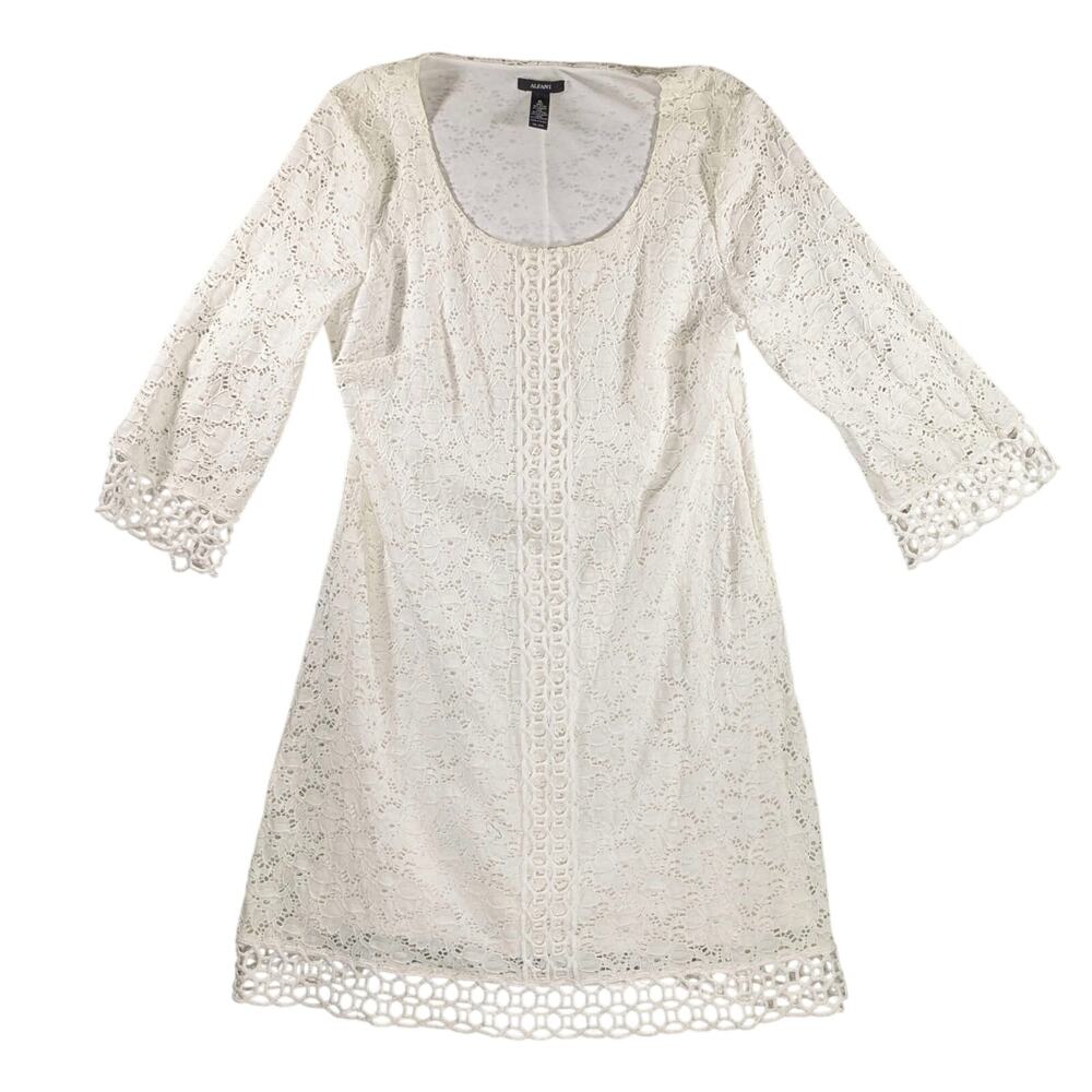 Alfani Bell 3/4 Sleeve Lace Shift Dress Size XL Scoop Neck Fancy White Lined